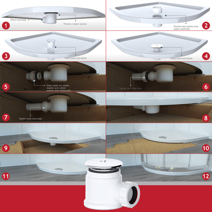 Shower Trap for 50mm Tray Plug Hole 40mm 1.5" Drain Waste Chrome Silver Dome Base Kit