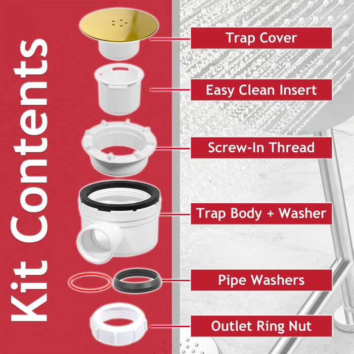 Shower Trap for 90mm Tray Plug Hole 1.5" Luxury Drain Water Waste Dome Base Kit (Brushed Brass)