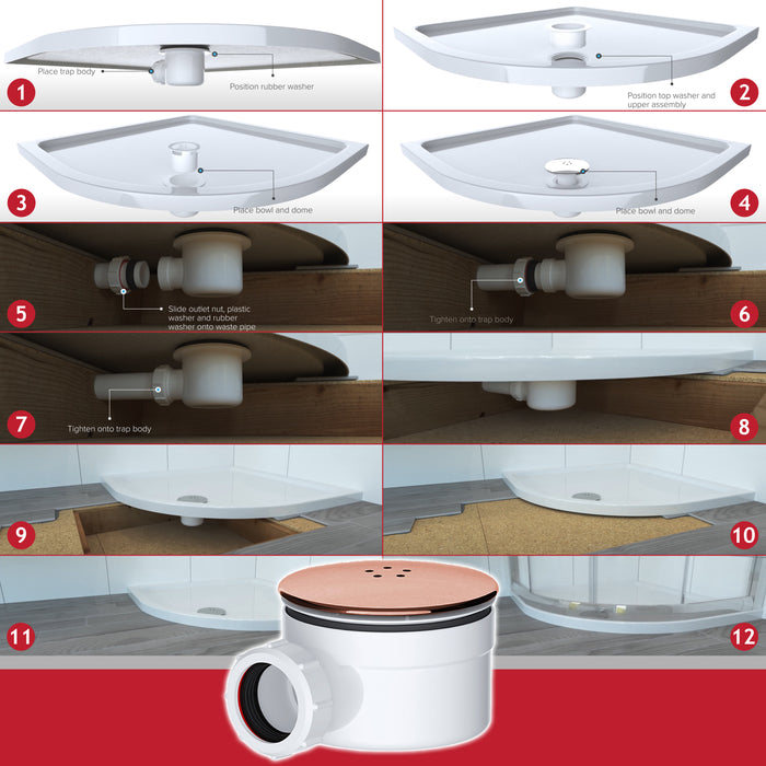 Shower Trap for 90mm Tray Plug Hole 1.5" Luxury Drain Water Waste Dome Base Kit (Brushed Copper)