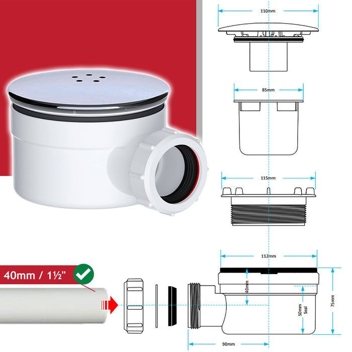 Shower Trap for 90mm Tray Plug Hole 1.5" Luxury Drain Water Waste Dome Base Kit (Brushed Nickel)