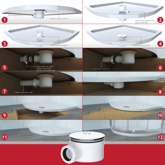 Shower Trap for 90mm Tray Plug Hole 1.5" Drain Waste Dome Base Kit (Chrome Silver)