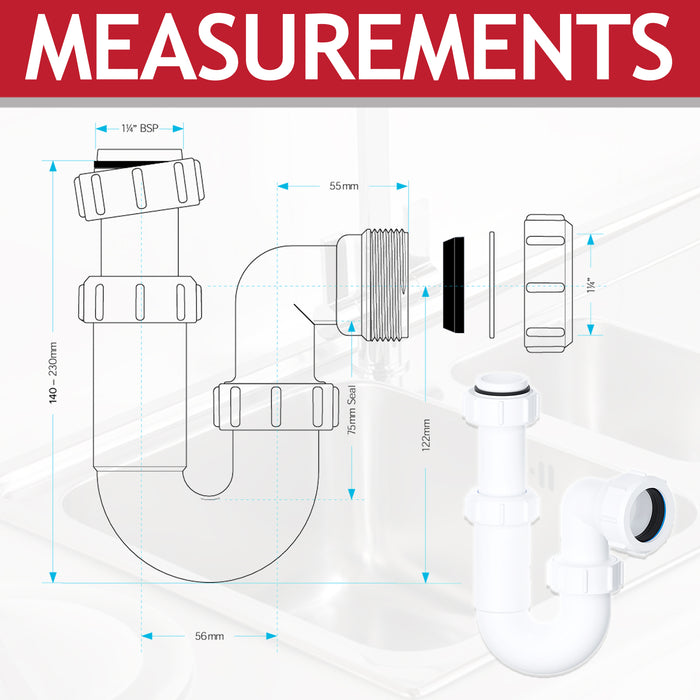 Telescopic Sink P Trap Basin Swivel Plumbing Waste Pipe Kit (32mm / 1.25")