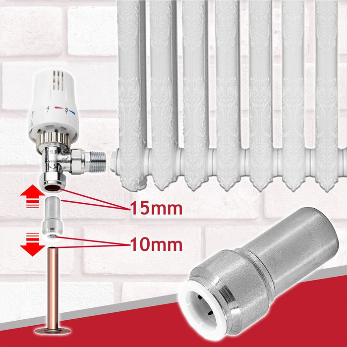 Radiator Valve 15mm x 10mm Pushfit Chrome Speed Fit Reducing Straight Compression Stem (Pack of 2)