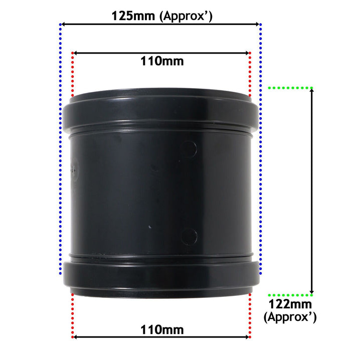 110mm 4" Soil Waste Pipe Double Socket Push Fit Straight Slip Coupler (Black)