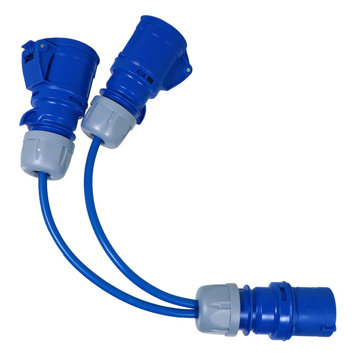 16A Splitter Cable 240V Caravan / Motorhome 2 Way Hook Up Y Piece 2 x 16 Amp Sockets (Blue)