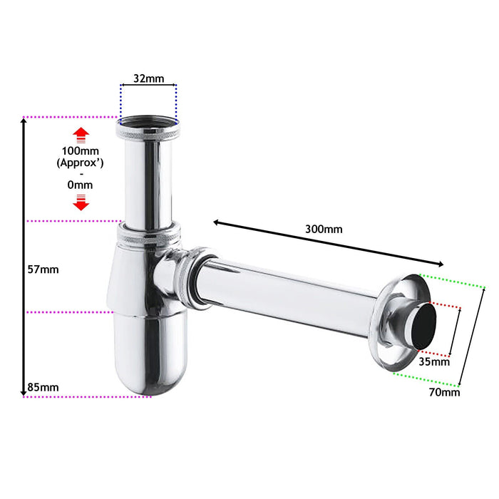 Bottle Waste Trap 32mm Adjustable Chrome Silver 35mm Pipe Kitchen Bathroom Sink Basin Set