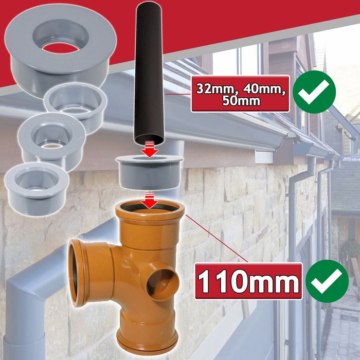 110mm Soil Pipe Reducer + 32mm 40mm 50mm Boss Adaptor Solvent Push Fit Kit (Grey)