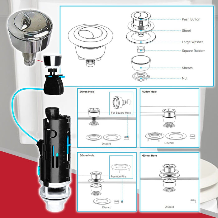 Universal Dual Flush Toilet Valve 1.5" 2" WC Cistern Push Button Kit (300mm Cable)