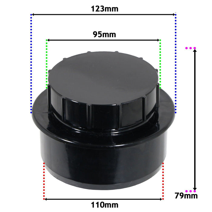 110mm Screwed Access Cap Ring Seal Soil System Vent Pipe Push Fit Plug (Black)