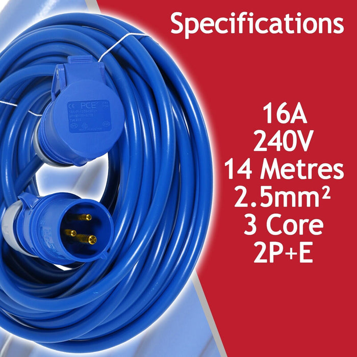 16A Extension Lead 14m 240V 2.5mm Outdoor Construction Site Heavy Duty Generator Power Cable (Blue)