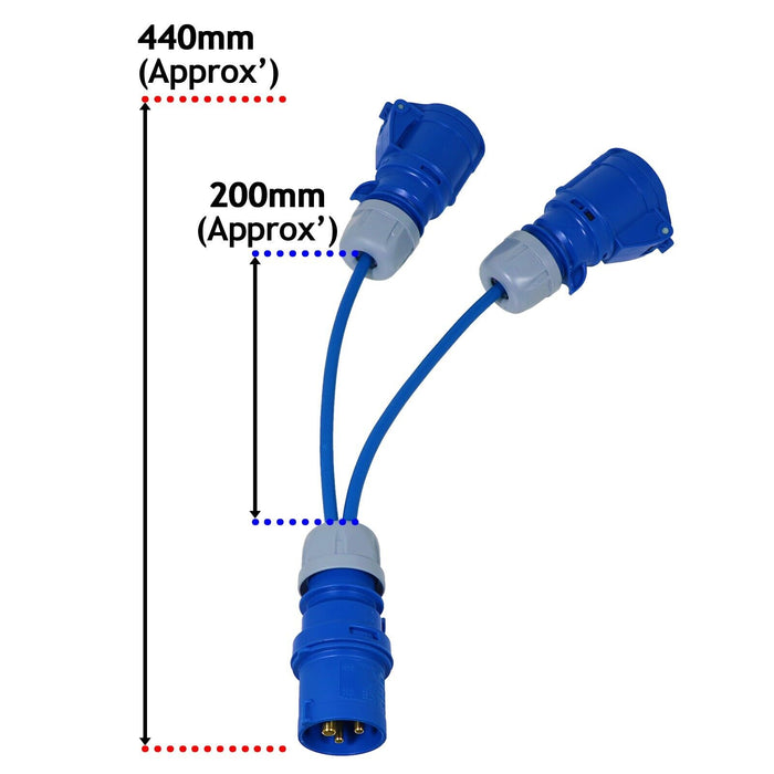 16A Splitter Cable 240V Caravan / Motorhome 2 Way Hook Up Y Piece 2 x 16 Amp Sockets (Blue)