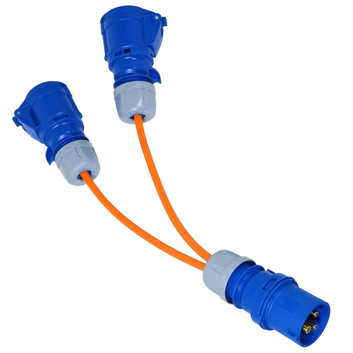 16A Splitter Cable 240V Generator 2 Way Hook Up Y Piece 2 x 16 Amp Sockets (Orange)