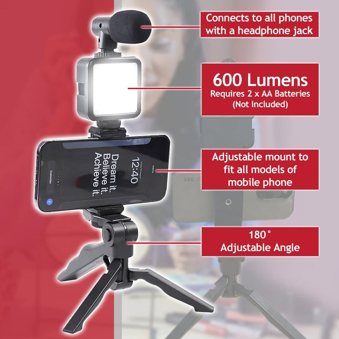 Phone Video Making Kit LED Light Box Mount Adjustable Tripod Microphone Vlogging Set