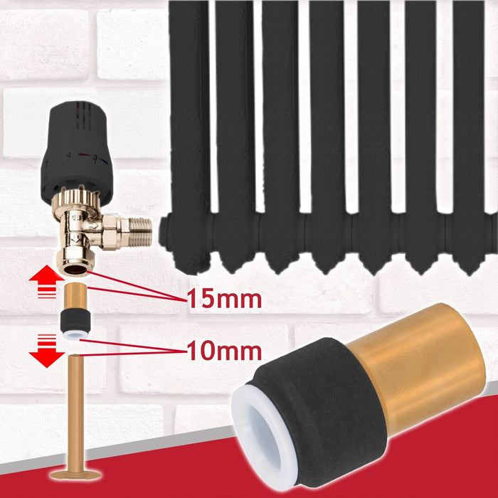 Radiator Valve 15mm x 10mm Black Pushfit Reducing Straight Speed Fit Compression Stem Valves (Pack of 2)