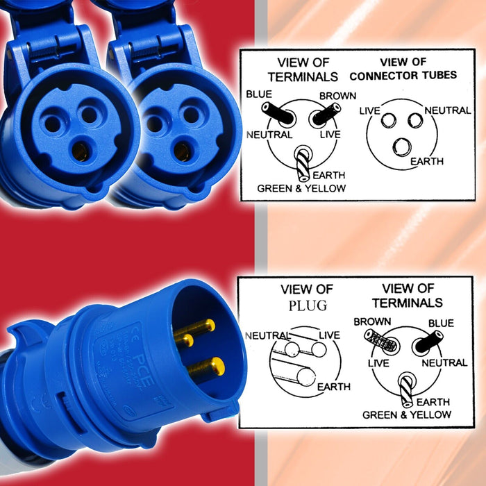 16A Extension Lead 14m 110V 2.5mm Heavy Duty Yellow Power Cable + 2 x 16 Amp Splitter Kit