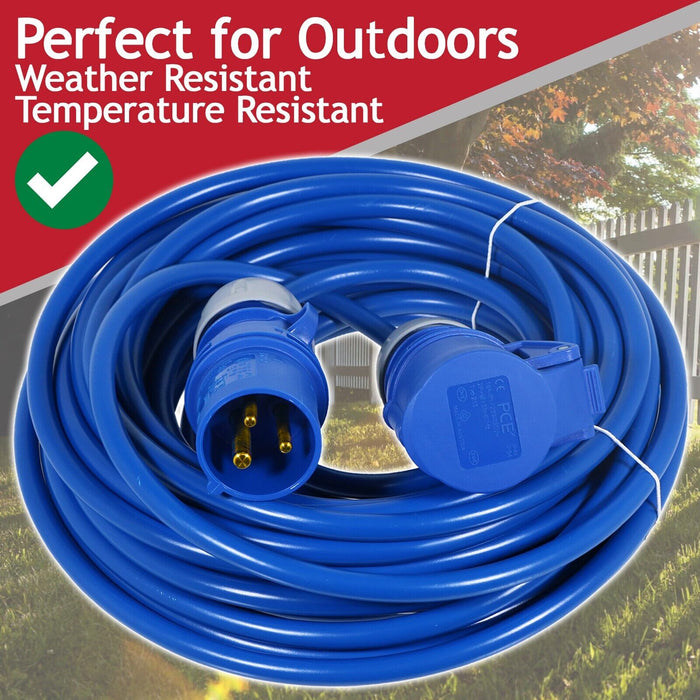 16A Extension Lead 14m 240V 1.5mm Extra Long Blue Power Cable + 2 x 16 Amp Splitter Kit