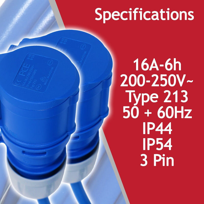 16A Extension Lead 14m 240V 2.5mm Heavy Duty Blue Power Cable + 2 x 16 Amp Splitter Kit