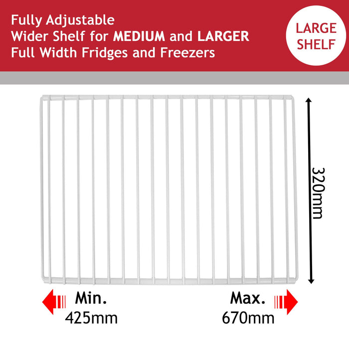 Fridge Shelf for Hisense Refrigerator Freezer Adjustable White Plastic Coated Extendable Arms (Large, 425mm - 670mm x 320mm)