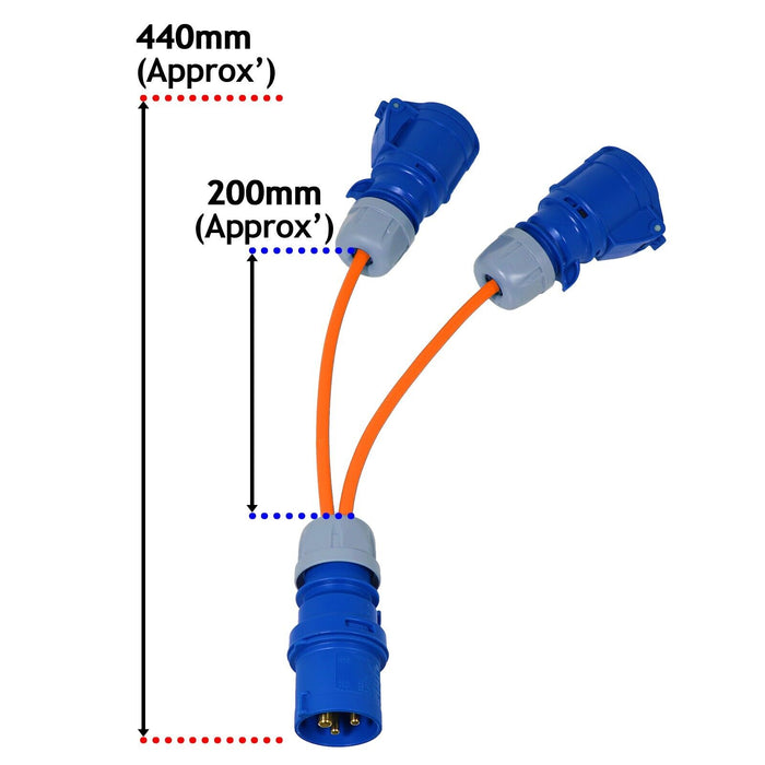 16A Splitter Cable 240V Generator 2 Way Hook Up Y Piece 2 x 16 Amp Sockets (Orange)