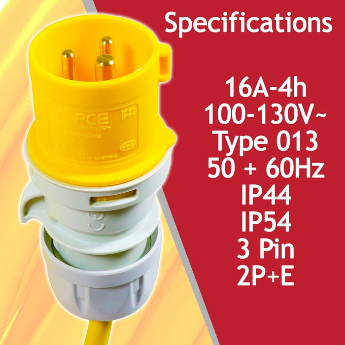 16A Extension Lead 14m 110V 2.5mm Heavy Duty Yellow Power Cable + 2 x 16 Amp Splitter Kit
