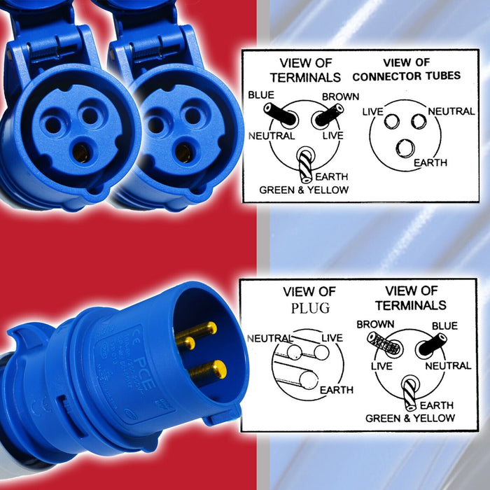 16A Extension Lead 14m 240V 2.5mm Heavy Duty Blue Power Cable + 2 x 16 Amp Splitter Kit