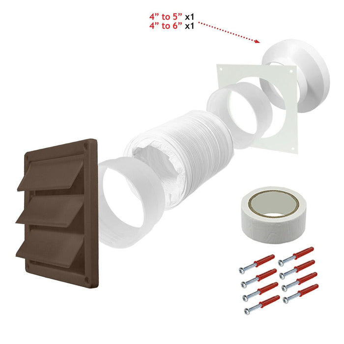 Cooker Hood External Vent Kit 4" 5" 6" 100mm 125mm 150mm Universal Exterior Wall Duct Set (Brown)