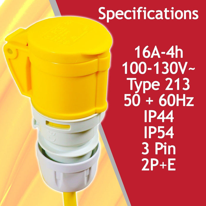 16A Extension Lead 14m 110V 2.5mm Heavy Duty Yellow Power Cable + 2 x 16 Amp Splitter Kit