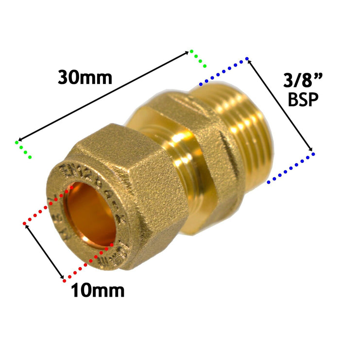 Compression Connector 10mm x 3/8" BSP Male Straight Brass Pipe Coupler Adaptor Fitting
