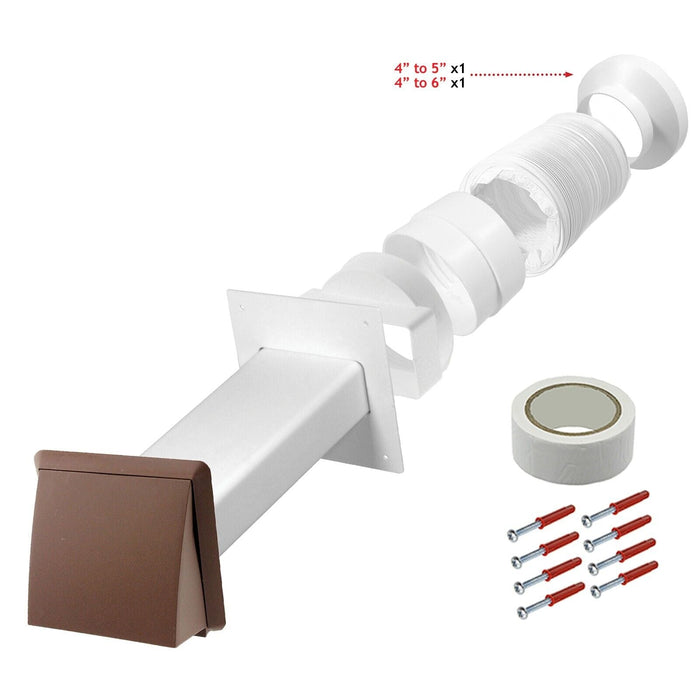 Cooker Hood External Vent Kit 4" 5" 6" 100mm 125mm 150mm Universal Exterior Wall Ducting Set (Brown)
