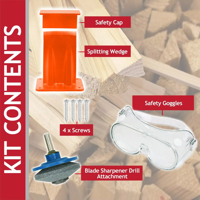 Kindling Splitter Firewood Wedge Splitting Base + Drill Blade Sharpener Attachment + Safety Goggles Kit