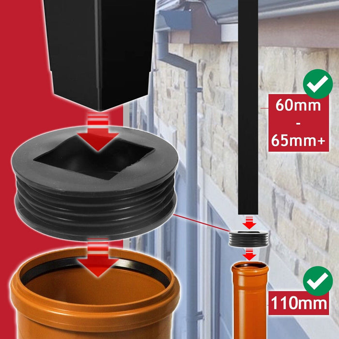 Rainwater Downpipe Adaptor 65mm Square / 68mm Round Pipe to 110mm Soil Waste Drain Connector