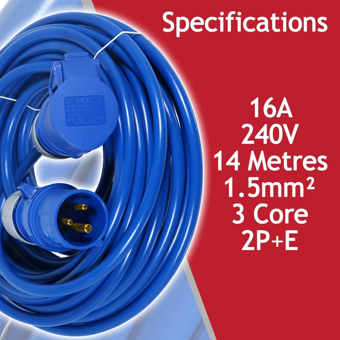 16A Extension Lead 14m 240V 1.5mm Extra Long Outdoor Caravan Motorhome Hook Up Power Cable (Blue) + Storage Bag