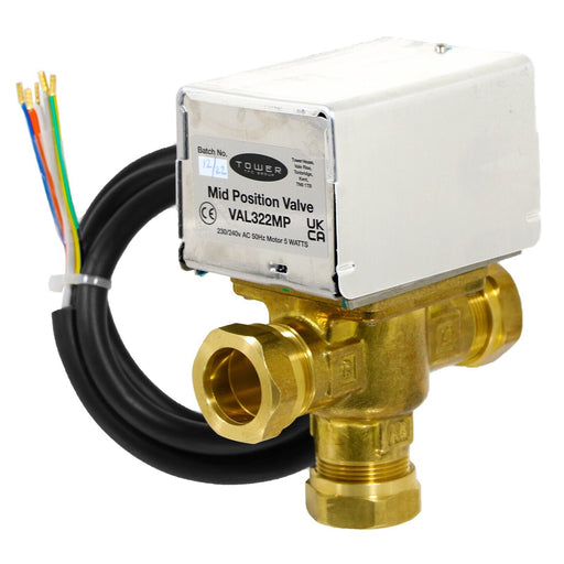 Tower VAL322MP 22mm 3 Port Motorised Mid Position Valve Central Heating Control