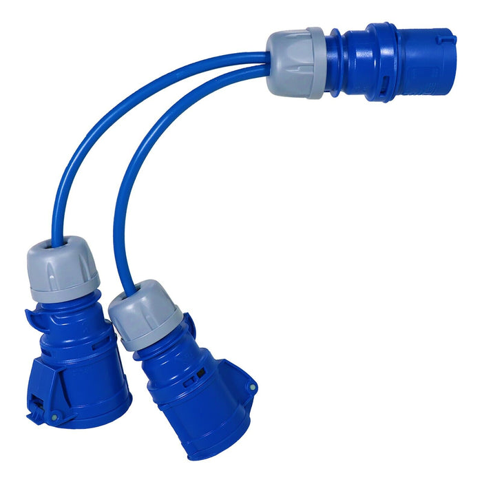 16A Splitter Cable 240V Caravan / Motorhome 2 Way Hook Up Y Piece 2 x 16 Amp Sockets (Blue)