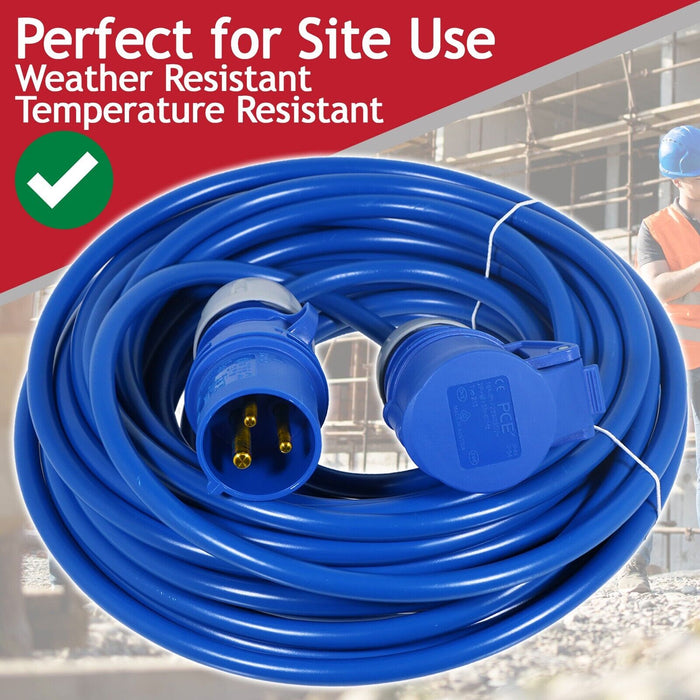 16A Extension Lead 14m 240V 2.5mm Outdoor Construction Site Heavy Duty Generator Power Cable (Blue)