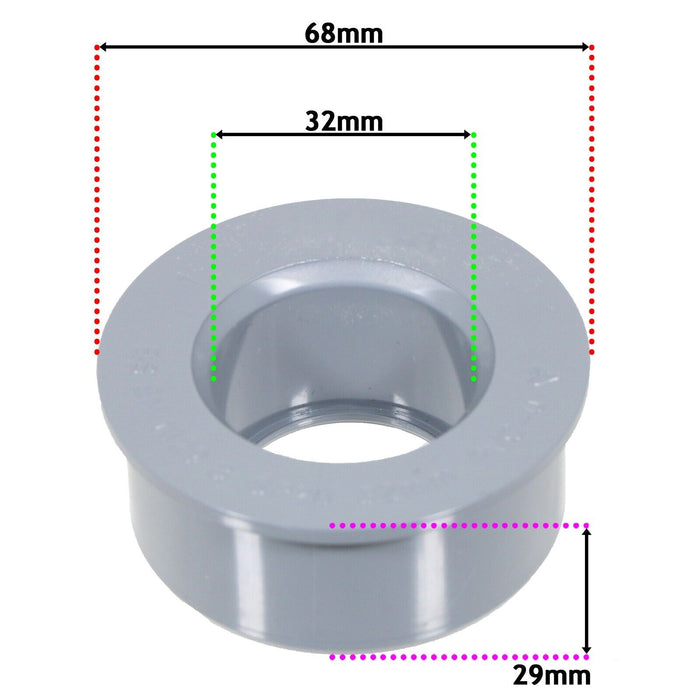 32mm Boss Adaptor Solvent Soil Stack Waste Pipe Reducer Push Fit Seal Ring (Grey)