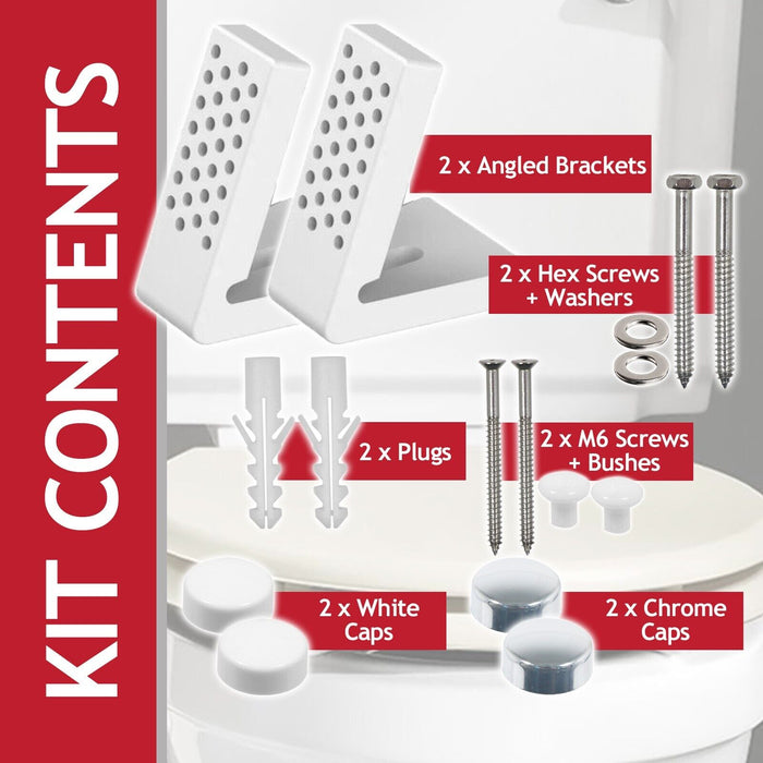 Toilet Pan Fixing Kit Angled Floor WC Bidet Basin Bathroom Bracket Set (White and Chrome Silver Caps)