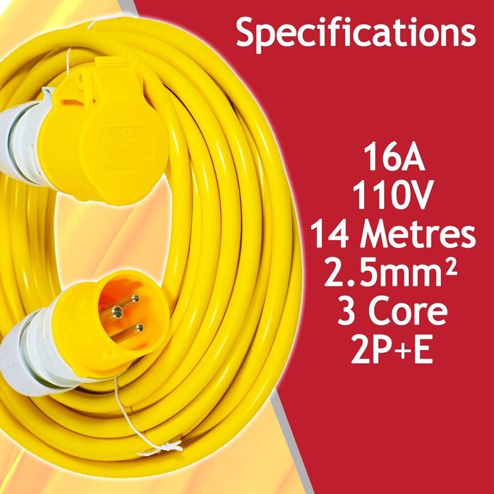 110V Extension Lead 14m 16A 2.5mm Heavy Duty Outdoor Construction Site Generator Cable (Yellow)