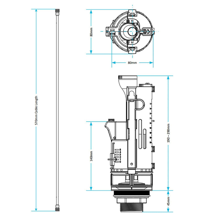 Universal Dual Flush Toilet Valve 1.5" 2" WC Cistern Push Button Kit (570mm Cable)