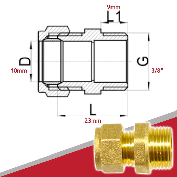 Compression Connector 10mm x 3/8" BSP Male Straight Brass Pipe Coupler Adaptor Fitting (Pack of 4)