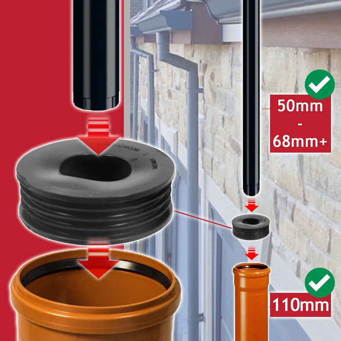 Rainwater Downpipe Adaptor 65mm Square / 68mm Round Pipe to 110mm Soil Waste Drain Connector