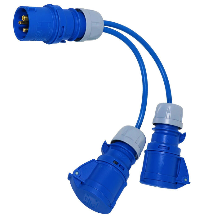 16A Splitter Cable 240V Caravan / Motorhome 2 Way Hook Up Y Piece 2 x 16 Amp Sockets (Blue)