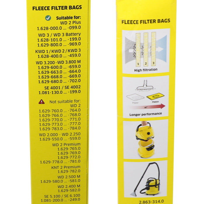 KARCHER Bags WD 3 SE 4001 Fleece Filter Vacuum Dust Bag KFI 357 Pack of 4 2.863-314.0 28633140