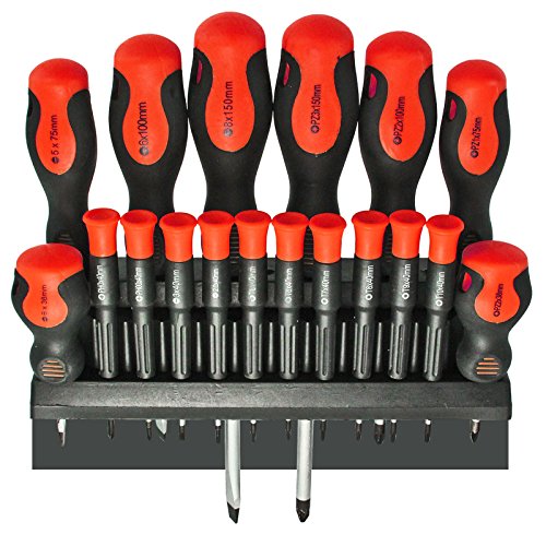 18 Piece Large and Small Precision Screwdriver Set (Phillips, Pozi, Flat, Slotted, Torx + Wall Mountable Bracket)