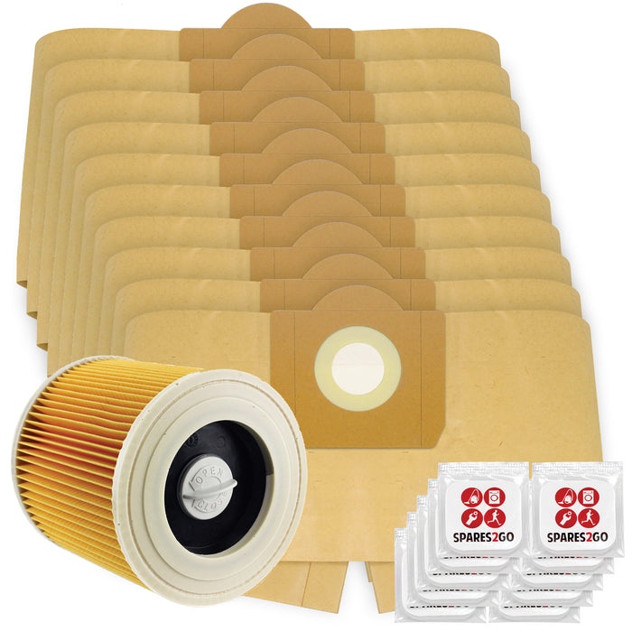 Vacuum Cleaner Dust Bags + Filter Cartridge for Karcher WD3 WD3P MV3 Wet & Dry (Pack of 10 + Filter + Freshener Tabs)