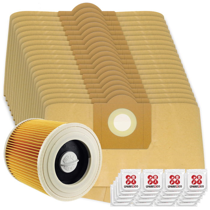 Vacuum Cleaner Dust Bags + Filter Cartridge for Karcher WD3 WD3P MV3 Wet & Dry (Pack of 20 + Filter + Freshener Tabs)