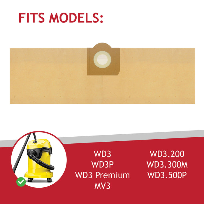 Vacuum Cleaner Dust Bags for Karcher WD3 WD3P MV3 Wet & Dry (Pack of 10 + Freshener Tabs)