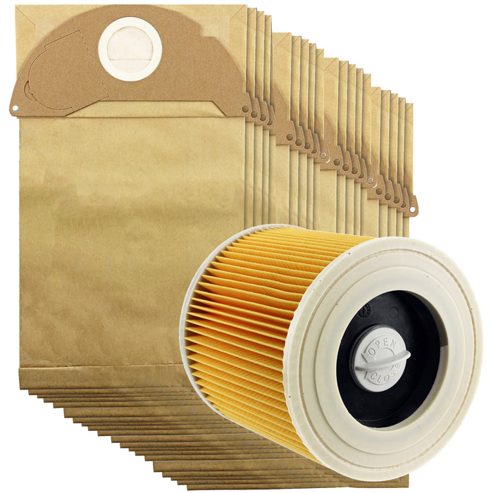 Vacuum Cleaner Dust Bags + Filter Cartridge compatible with Karcher WD3 WD3P MV3 Wet & Dry (Pack of 20)