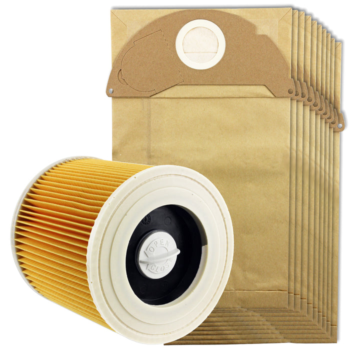Vacuum Cleaner Dust Bags + Filter Cartridge compatible with Karcher WD3 WD3P MV3 Wet & Dry (Pack of 10)
