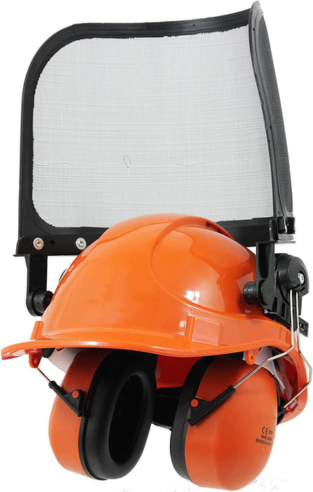 SPARES2GO Chainsaw Safety Helmet with Mesh Visor, Ear Muffs & Gloves